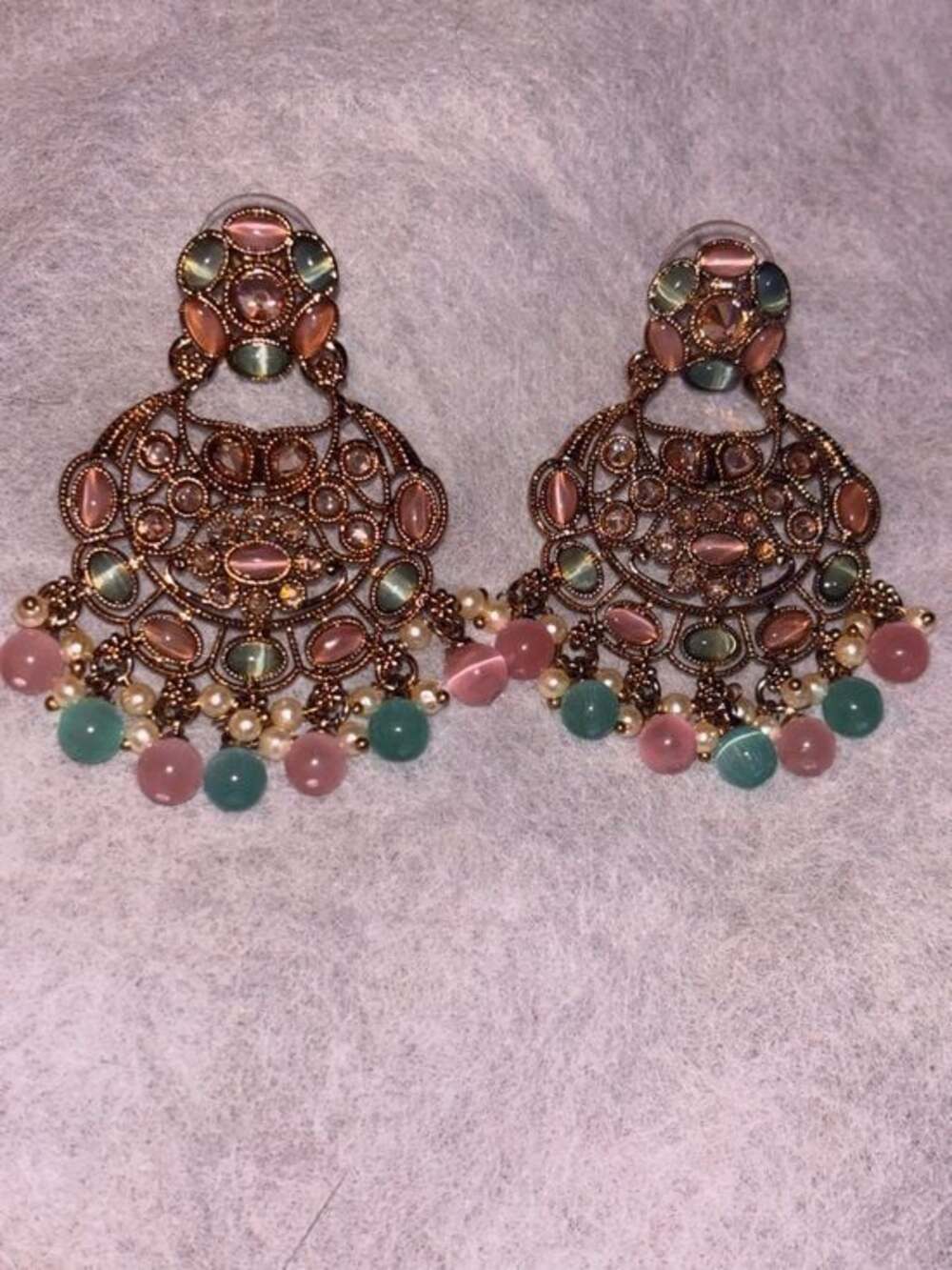 Gold Chandbali Earrings with Pink & Mint Semi Precious Gemstones - Indopak Desi